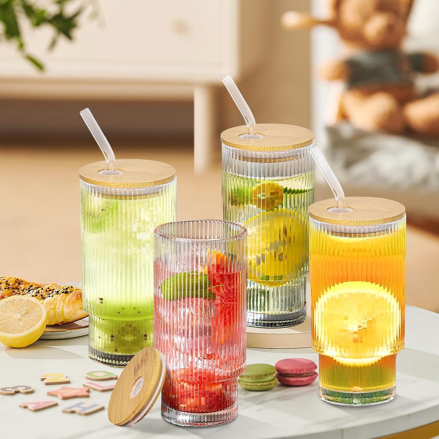 16Oz glasses drinking set of 4,Ribbed Glass Cups With Lids And Straws,Glass Tumbler With Lid for Beer, Juice, Water, Iced coffee Cup,Whiskey