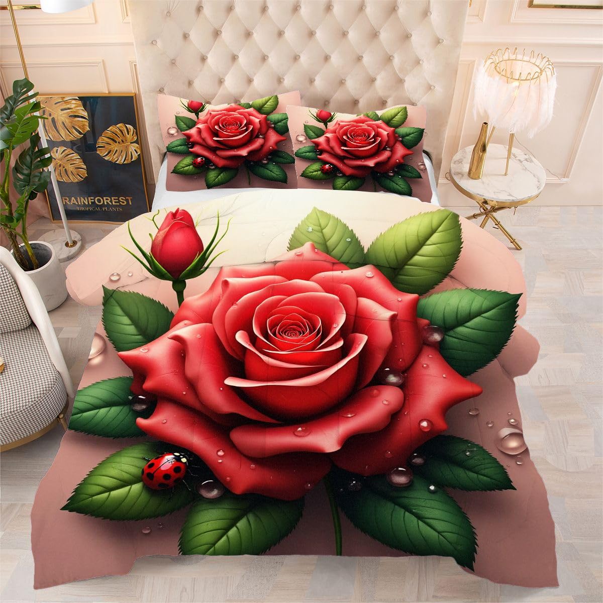 Couette 160x200 cm rose rouge imprimée avec 2 taies d'oreiller f262