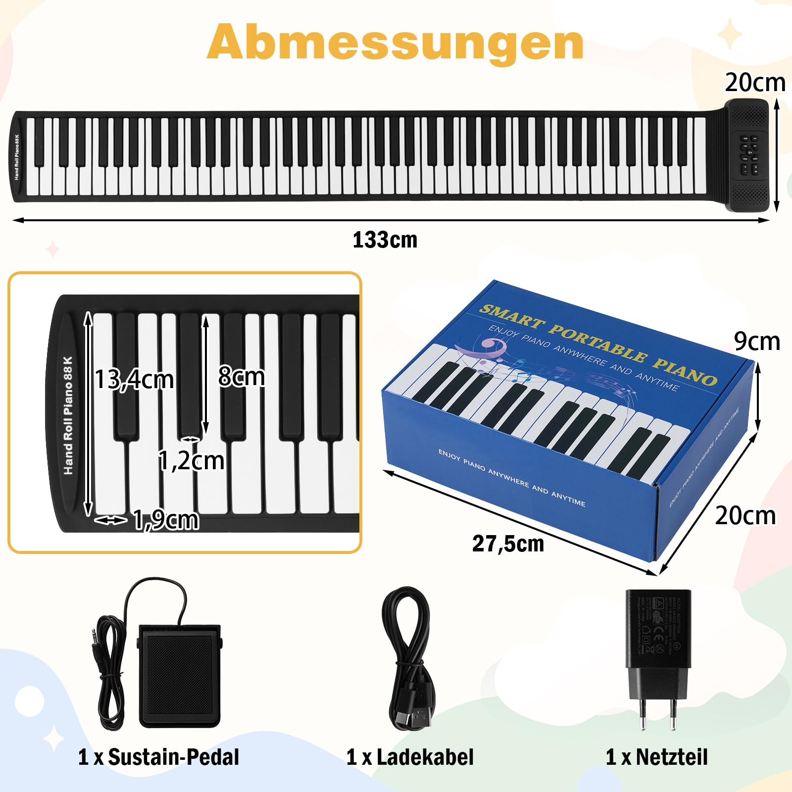 COSTWAY 88 Tasten Roll Up Piano, Keyboard Klavier faltbar mit 128 Rhythmen & 128 Tönen & 14 Demos, E-Piano mit MIDI-Bluetooth & Sustain-Pedal, Silikon Rollklavier für Kinder