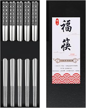 Metal Chopsticks Reusable 5 Pairs Stainless Steel Chopsticks Dishwasher Safe Square Lightweight Non-Slip Chop Sticks 5PC Grid Fence Silvery