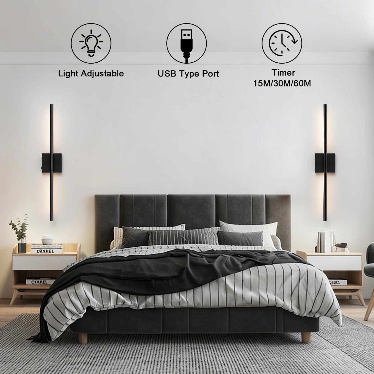 Rechargeable Wall Sconces Set of 2, Wireless Wall Lamp with Remote Control, 5000mAh Battery Operated Wall Lights for Living Room Bedroom Modern Wall Decor, Black