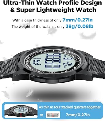 Beeasy Digital Watch for Men Women, 50M Waterproof, Ultra-Thin & Lightweight, 44mm Silicone Sports Watch with Alarm, Stopwatch, Countdown, Ideal for Gym, Running, School, Daily Wear