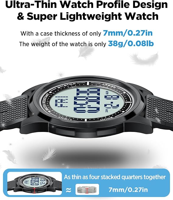 Beeasy Digital Watch for Men Women, 50M Waterproof, Ultra-Thin & Lightweight, 44mm Silicone Sports Watch with Alarm, Stopwatch, Countdown, Ideal for Gym, Running, School, Daily Wear