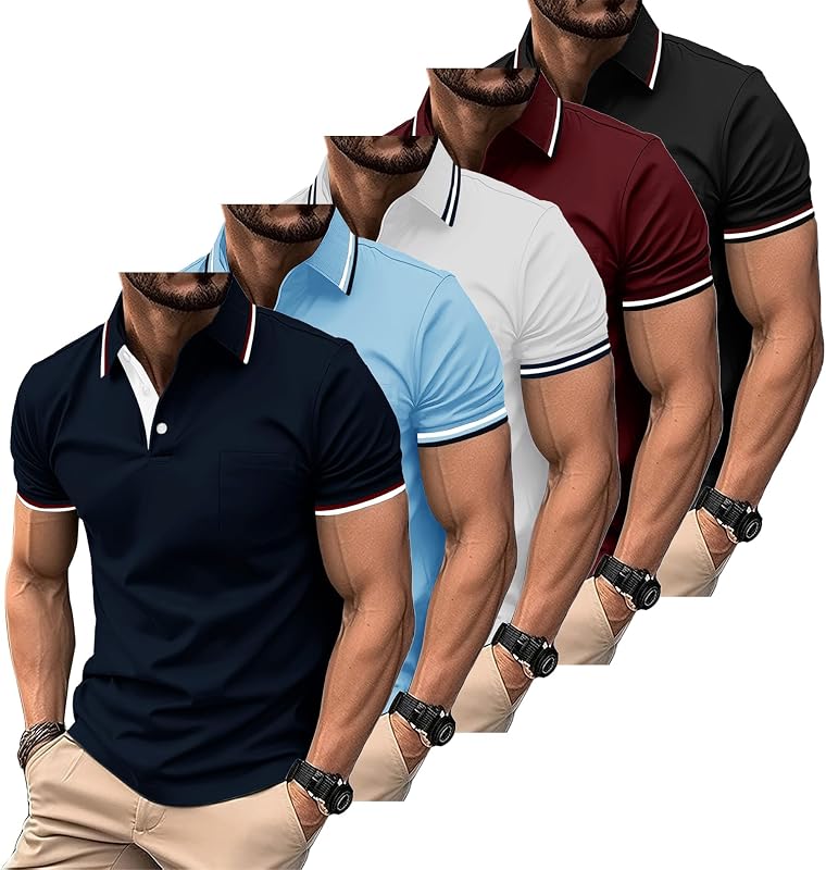 SWISSWELL 5 Pack Mens Polo Shirts Short Sleeve with Pocket Performance Golf Polos for Men Casual Collared Athletic T-Shirt