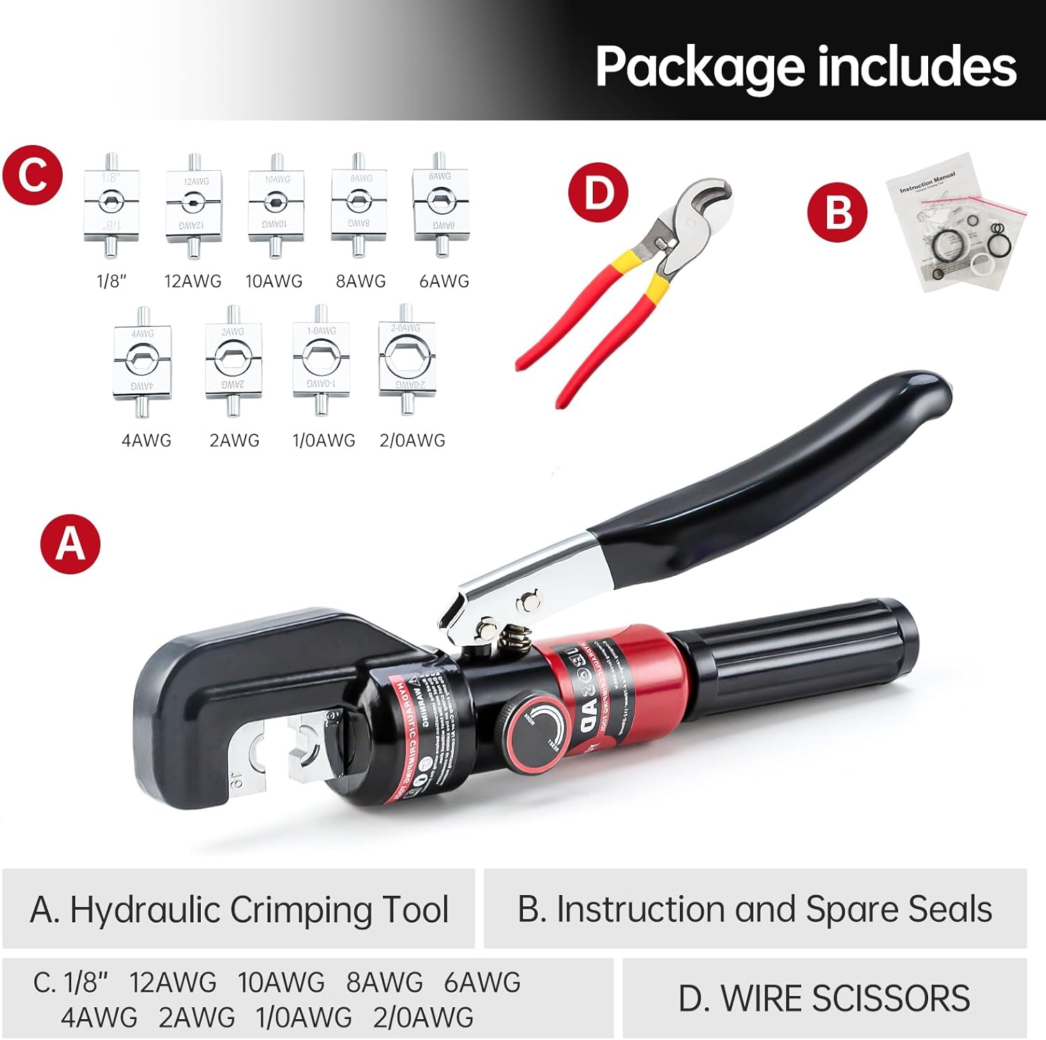 IBOSAD Hydraulic Crimping Tool and Cable Cutter Hydraulic Cable Lug Crimper 8 US TON 12 AWG to 00 (2/0) Electrical Terminal Cable Wire Tool Kit with 9 Die