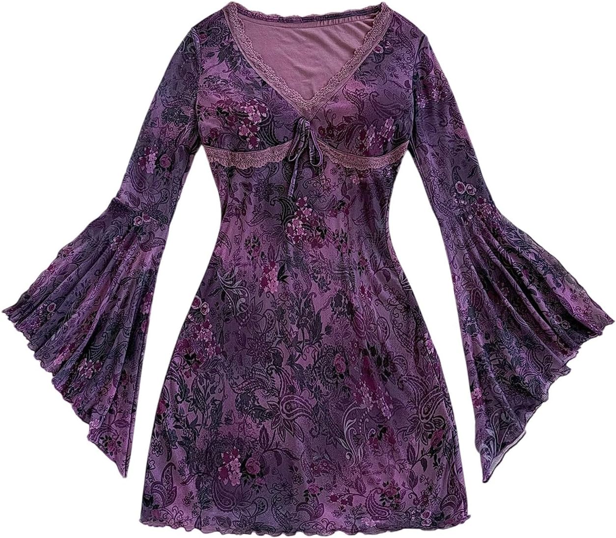 Floerns Women's Boho Western Mini Dress Floral Country Mesh Bell Sleeve Vintage Dresses