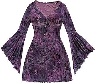 Women's Vintage Floral Print V Neck Dress Mesh Split Ruffle Long Bell Sleeve Dresses