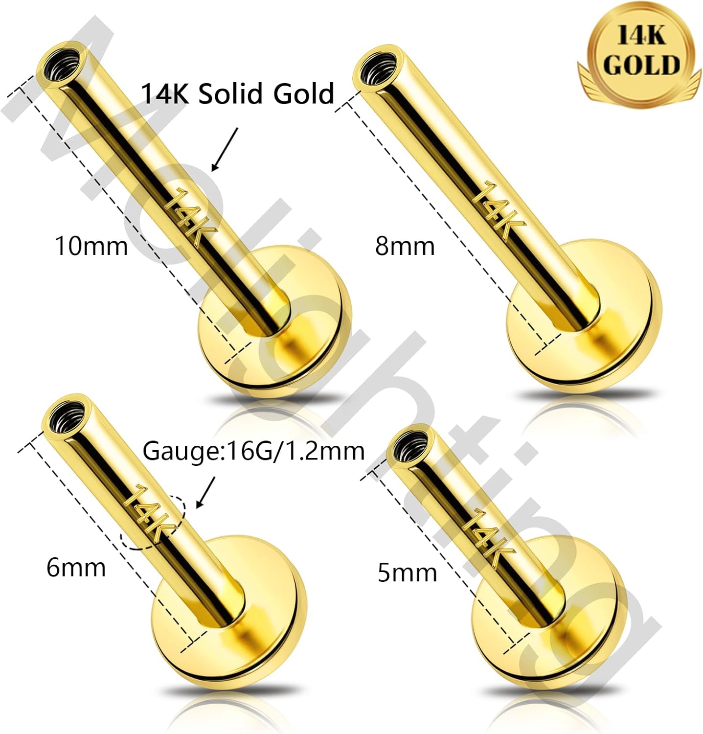 Melighting 14K Solid Gold Internal Thread Post Replacement, 16G Gold Bar in Flat Back, Labret, Helix, Conch, Tragus Cartilage Stud Earring 5/6/8/10 mm - Image 5
