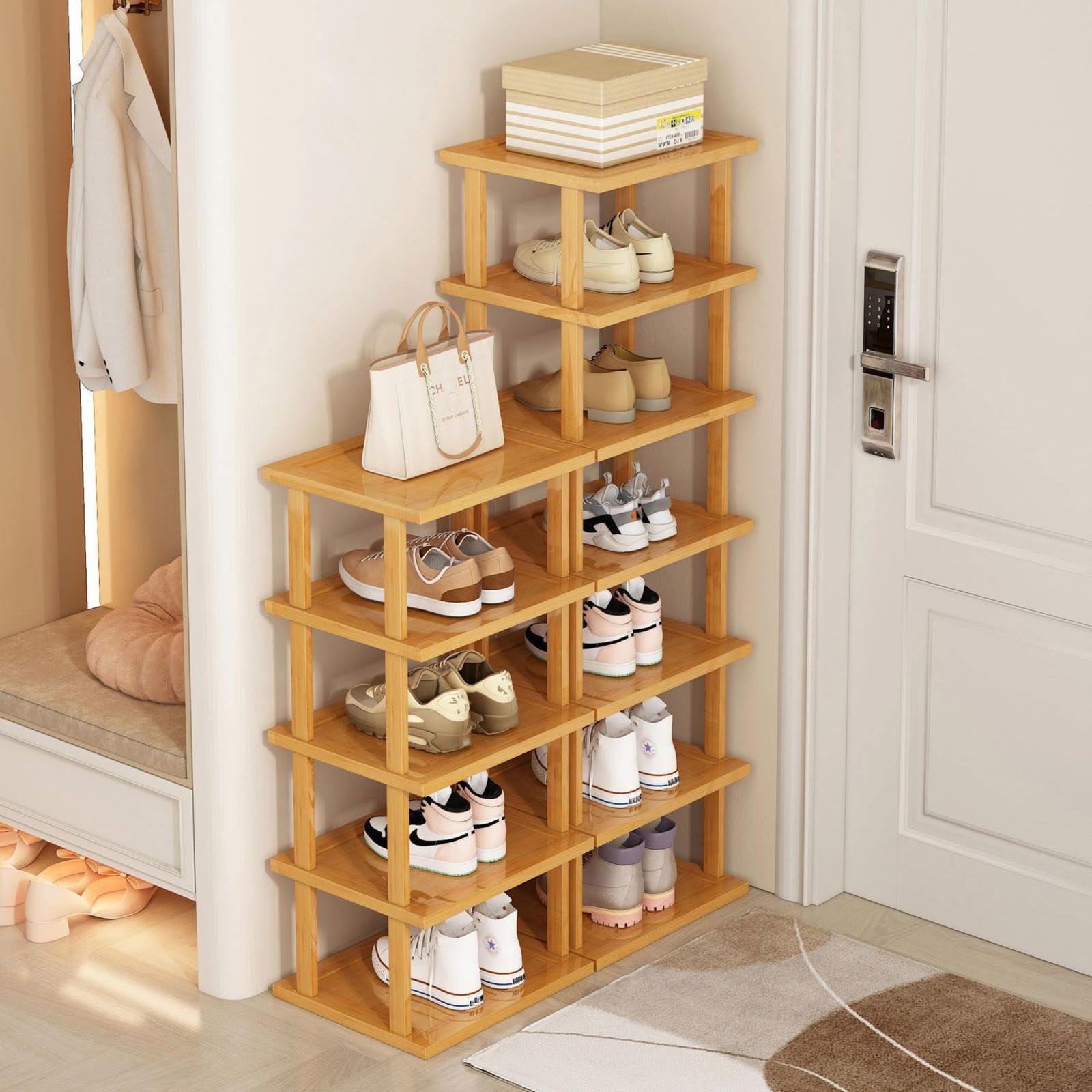 Zapatero extensible de bambú apilable para entrada, pasillo, dormitorio, armario, 9 niveles, para garaje, esquina, diseño minimalista, estante vertical para zapatos de pie, 65 cm de altura