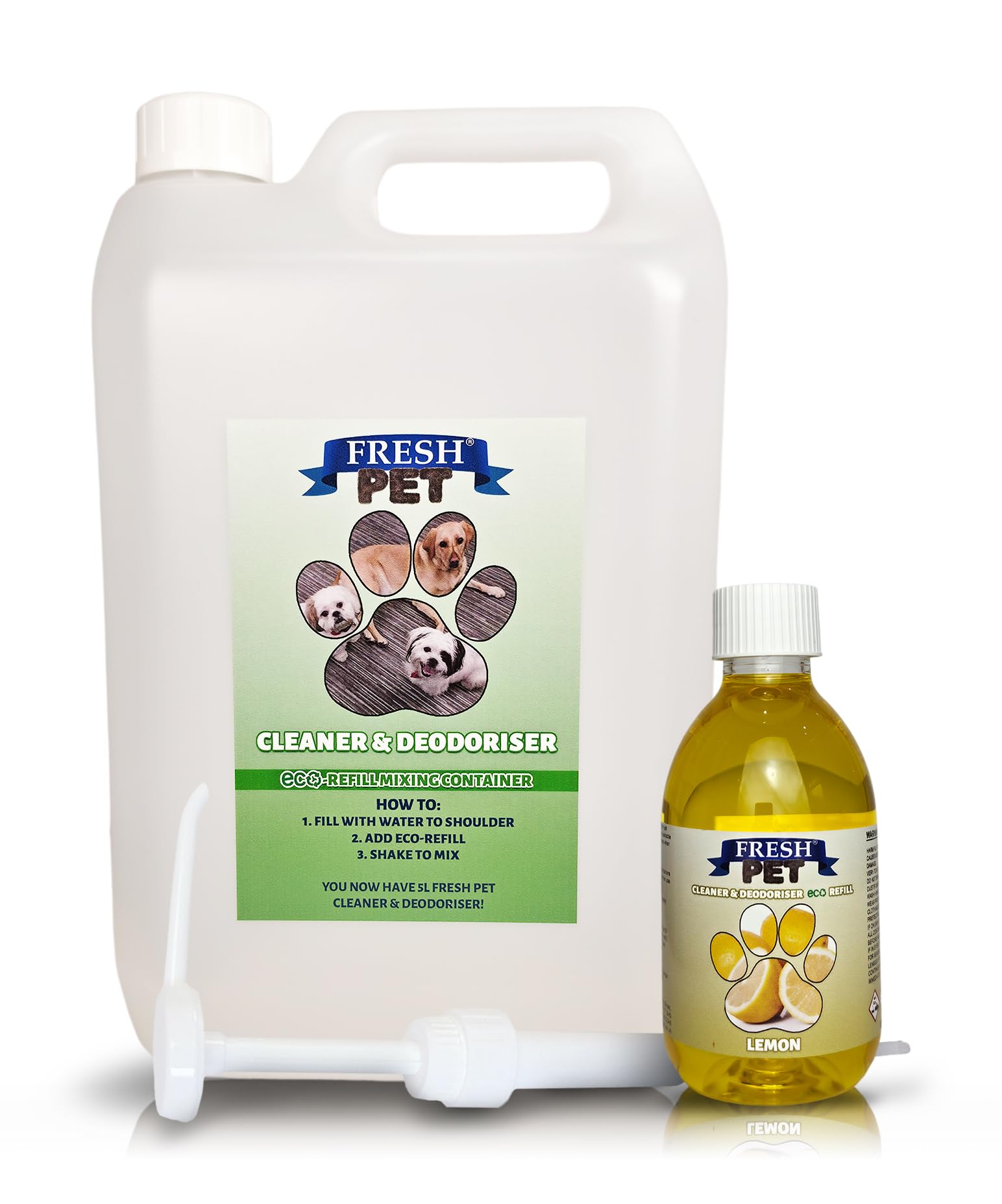 Trade Chemicals Fresh Pet eco-Refill Kennel Disinfectant 250ml w/Empty 5L + Pump (LEMON)