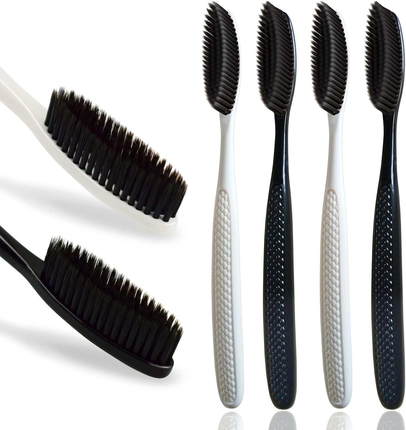 Large Long Head Toothbrush, 4-Pack, Upgraded Hard & Firm Charcoal Bristles, Whitening Teeth, Removing Plaque, Brace, Cigarette, Coffee and Other Stains, Suitable for Daily Oral Care.