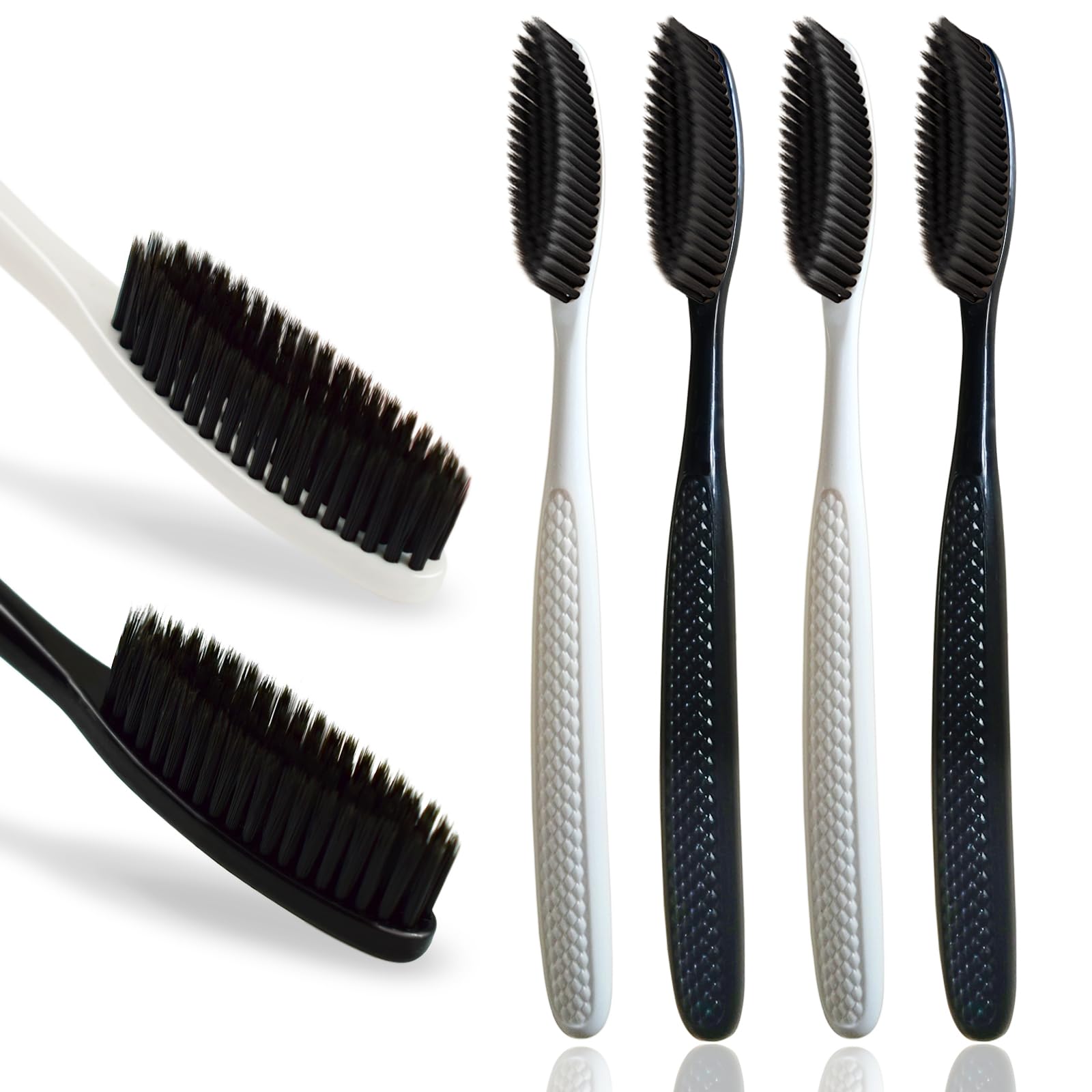 Spazzolino da denti a testa enorme, confezione da 4 setole nere medie morbide al carbone, eccellente effetto di pulizia, spazzolino aggiornato per la cura dentale quotidiana e denti e
