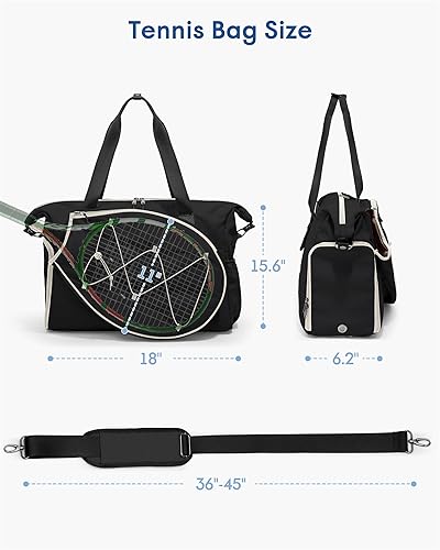 Miniatura 6 de Bolsa de viaje de tenis para mujer con bolsillo exterior para raqueta con cordón y compartimento separado para zapatos, bolsas de fin de semana con