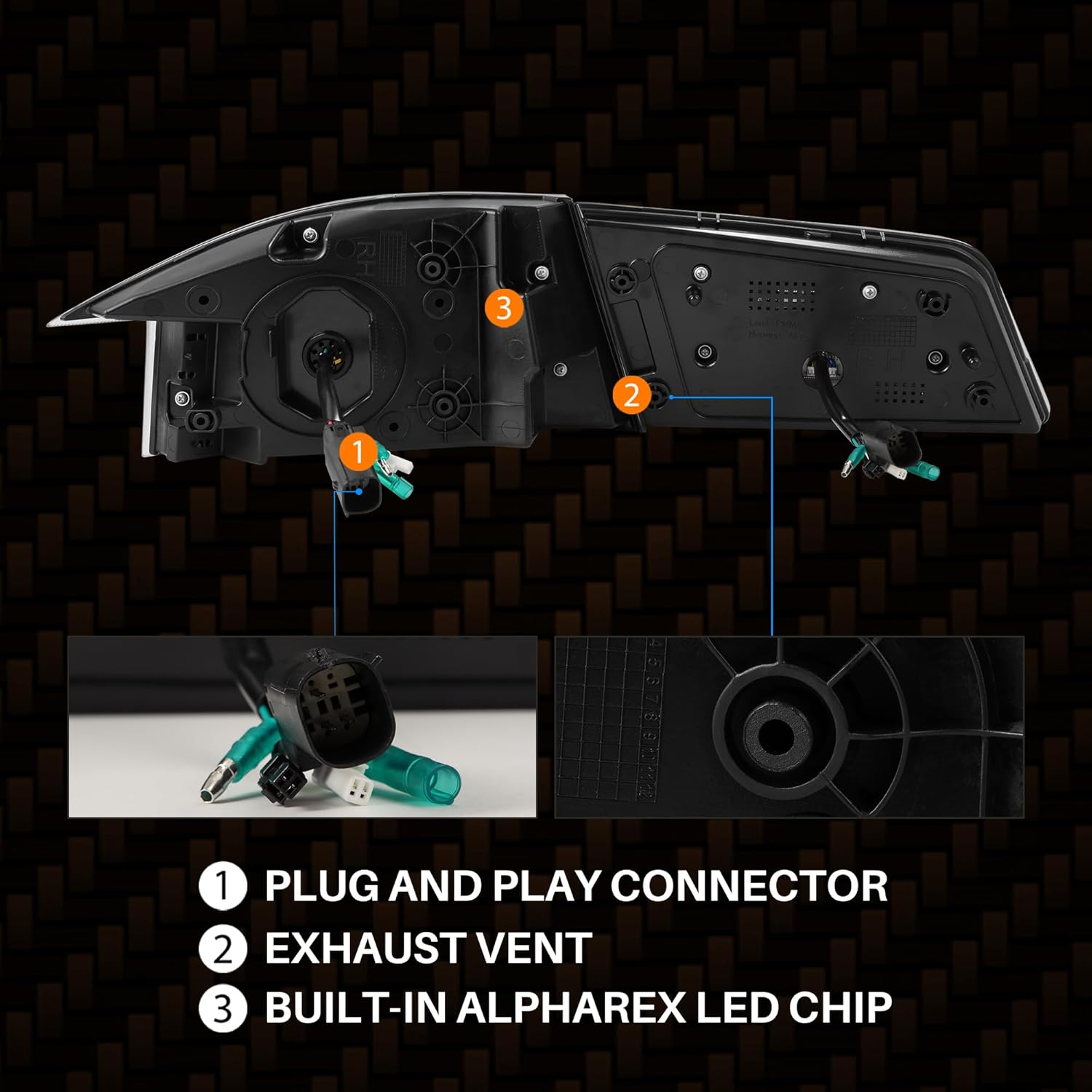AlphaRex LUXX-Series LED Tail Lights fits for 12-21 Tesla Model S Alpha-Black (With Black Trunk Center Piece Replacement)
