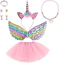 Unicorn Costume for Girls Princess Child, Set of 9 Unicorn Costume Accessories, Tutu Skirt Wings Necklace Bracelet Rings Earrings for Carnival, Party, Birthday, Gifts, Pink