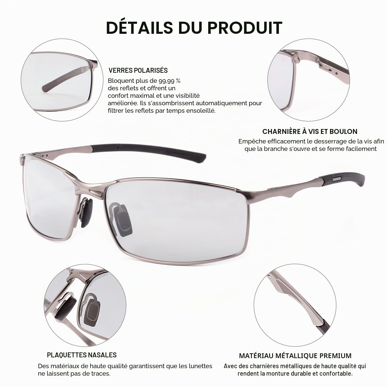 Lunettes de sport polarisées pour homme - Cadre en métal - Protection UV - Conduite - Pêche - Cyclisme - Course - Conducteur