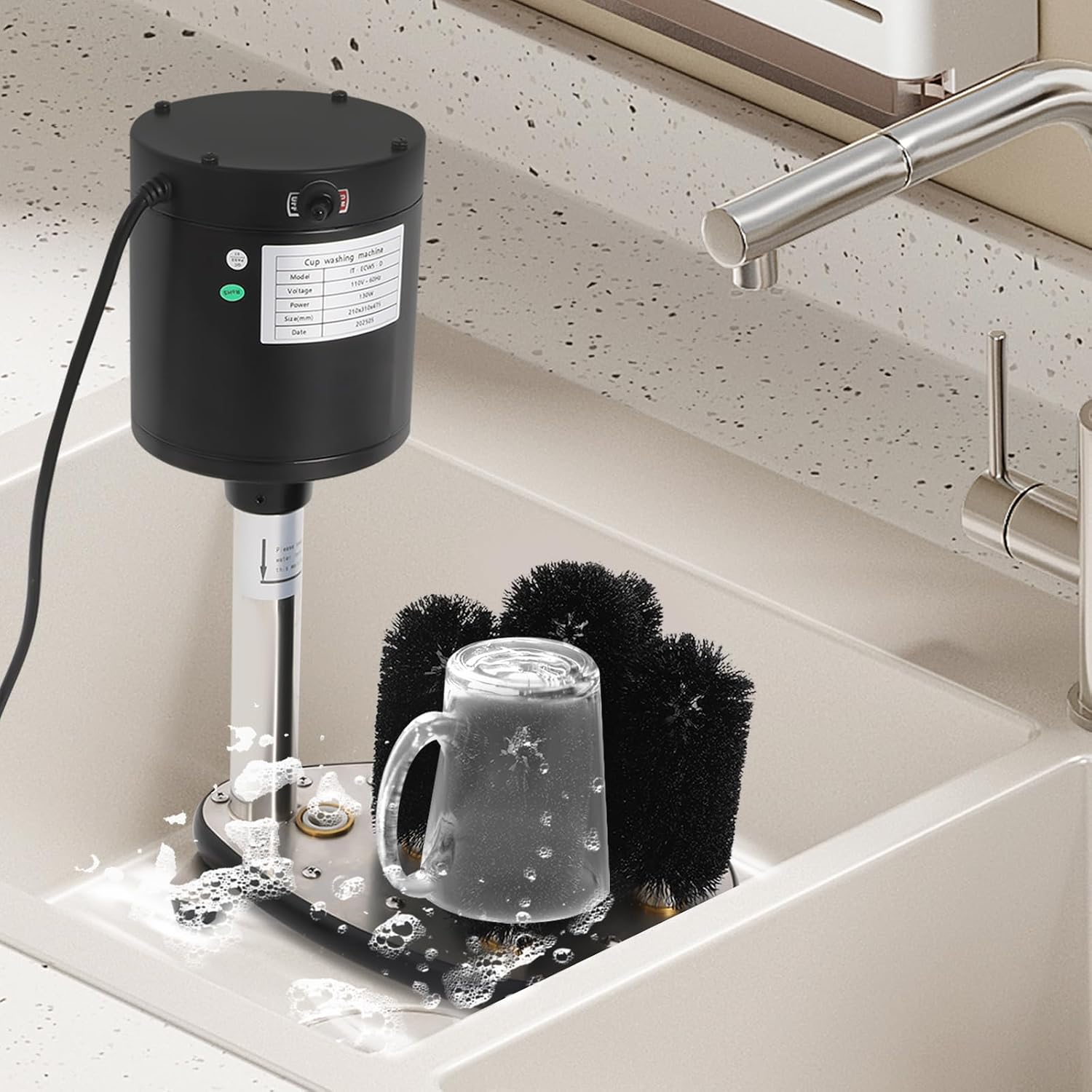 Electric Glass Washer, 5-Brush Commercial Bar Glass Rinser for Sink Glass 360-Degree Wine Glass Cleaning Machine for 1.57 to 3.94 In Diameters Glasses