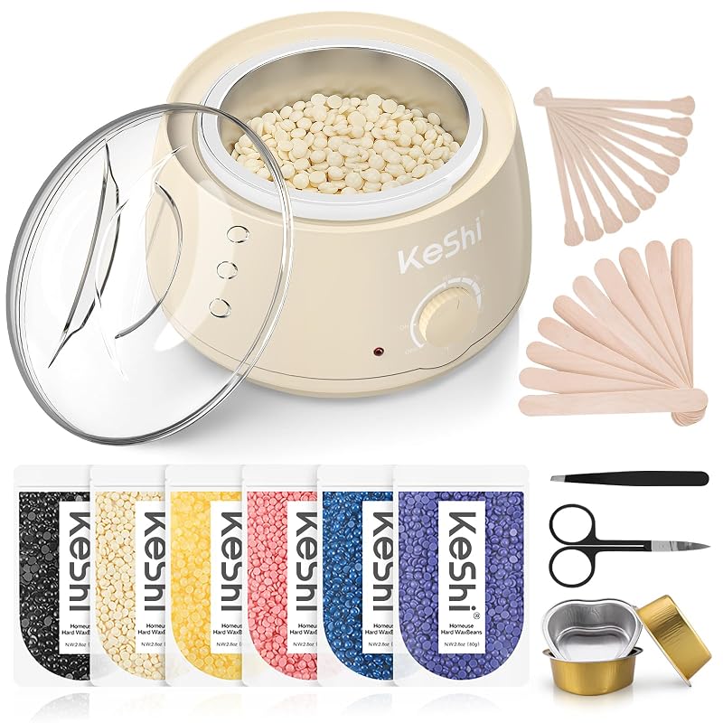 Kit de depilação com cera KeShi para mulheres e homens, aquecedor de cera com 6 pacotes de pastilhas de cera quente