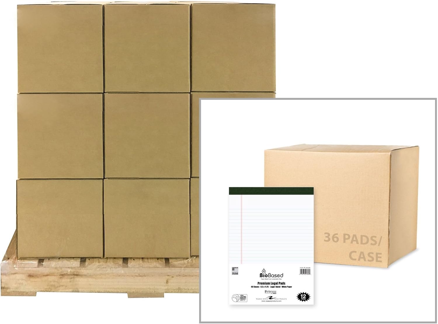 Pallet of 48 cases (288 Total) Bio-Preferred Legal Pads, 8.5"x11.75", 40 Sheets per Pad, 12 Pads per Pack, Premium 20 lb White Paper, Micro-Perforated, Legal Ruled