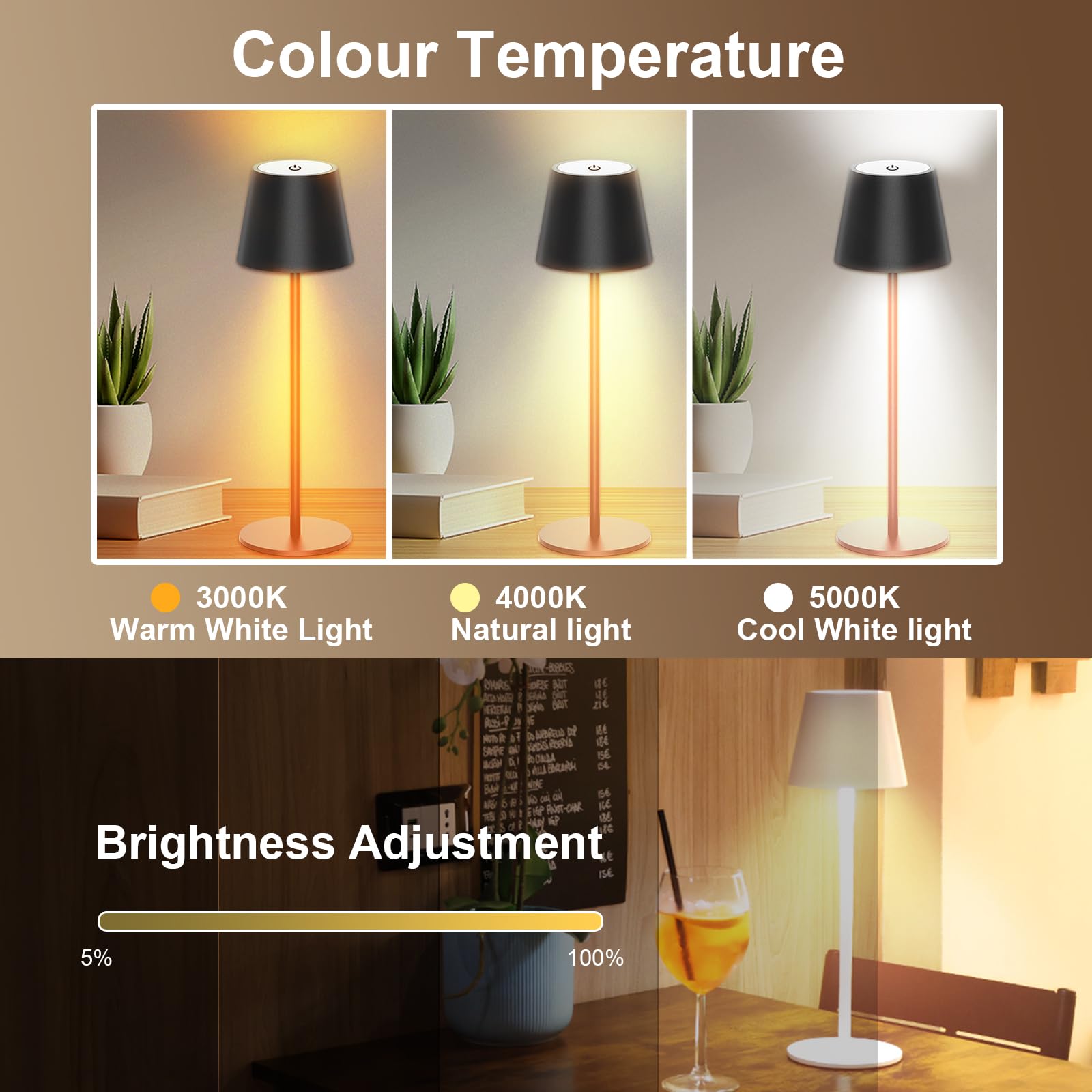 ANTELA - Lampada Da Tavolo LED Ricaricabile Wireless - Dimmerabile Touch, IP44, 3 Colori Luce (3000K/4000K/5000K) - Colore Nero