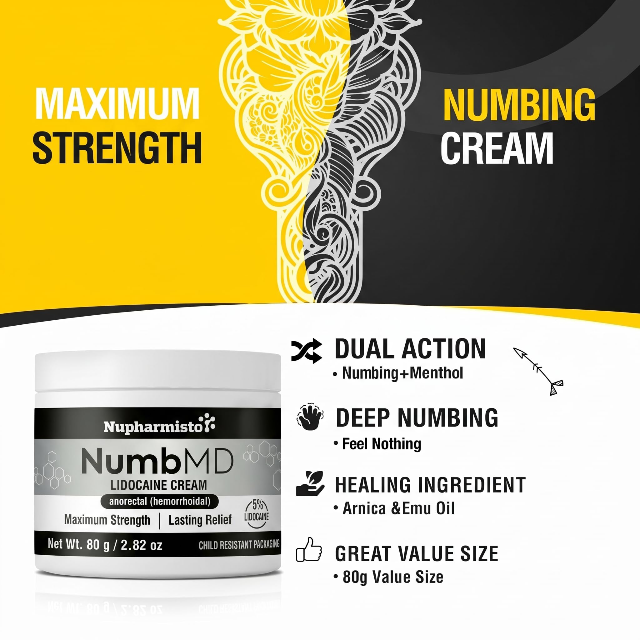 Nupharmisto 5% Lidocaine Numbing Cream Maximum Strength: Long Lasting Numbing Cream with Emu Oil and Arnica relieves discomfort Caused by Hemorrhoids 80 g / 2.82 oz — Amazon image 2