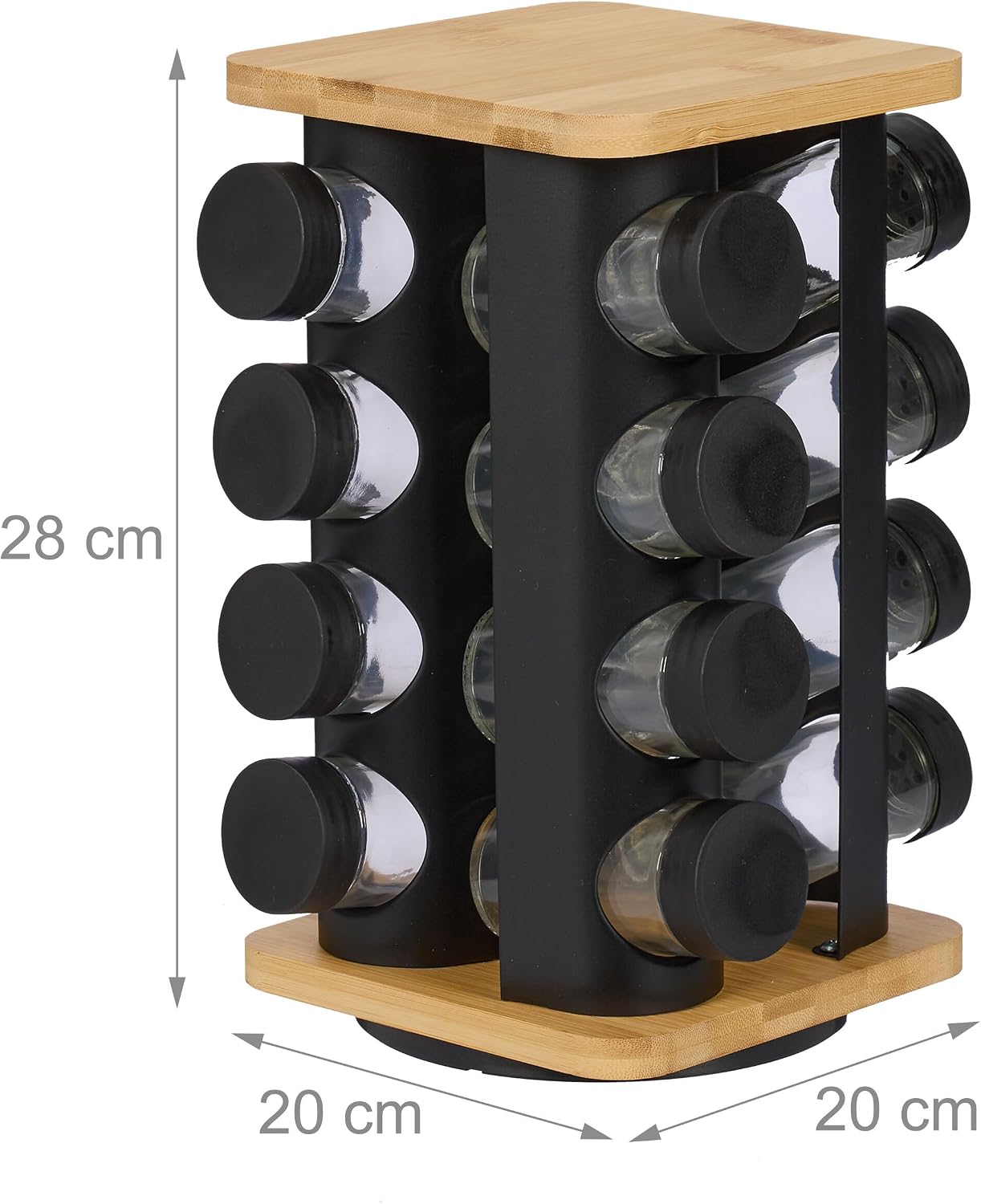 Relaxdays Spice Carousel, 16 Spice Jars, 360° Rotating, Stainless Steel, Bamboo, Glass, H x W x D: 28 x 20 x 20 cm, Black/Natural image 4