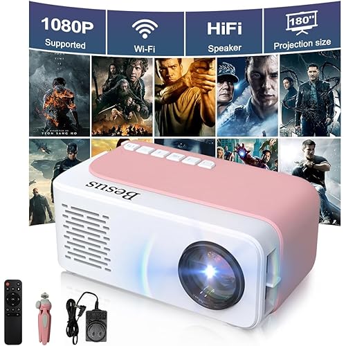 Mini Projector, HD 1080P WiFi Video Projector, Portable Outdoor Projector with Tripod, Gift for Kids, Home Theater Movie Phone Projector Compatible with USB, AV, Smartphone/Tablet/Laptop (pink)