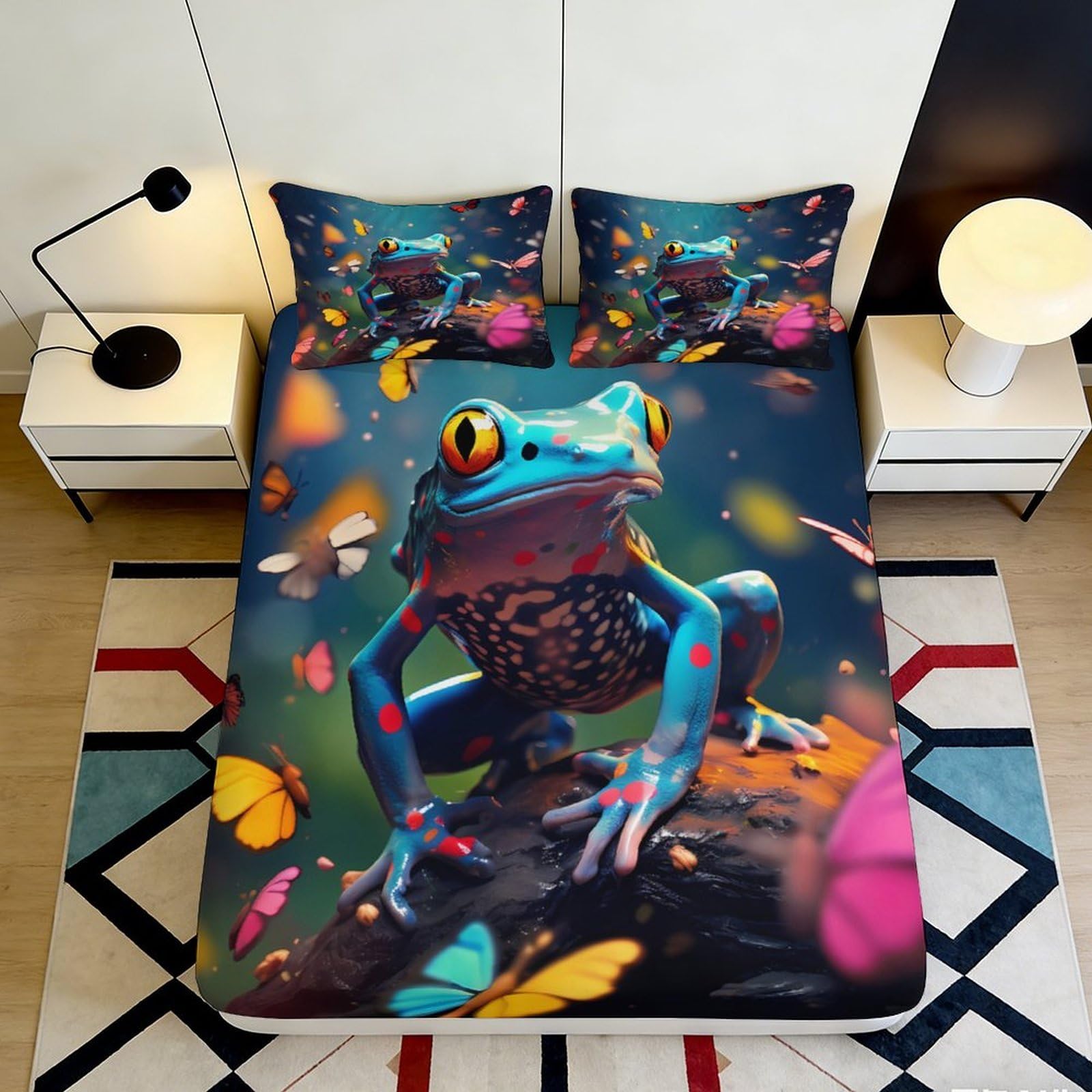 3D Printed Tropical Frog Fitted Sheet Microfiber Deep Pocket Non-Slip Bedroom Bedding Frog Mattress Fitted Cover Adult Youth Full Wrap Washable 200x200x25cm