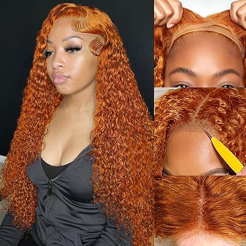 Glueless Ginger Orange Lace Front Wigs Human Hair 13x4 Ginger Curly Lace Front Wigs Colored Wigs Human Hair 150% Density Ginger Deep Wave Wig Pre Plucekd with Baby Hair 26 Inch
