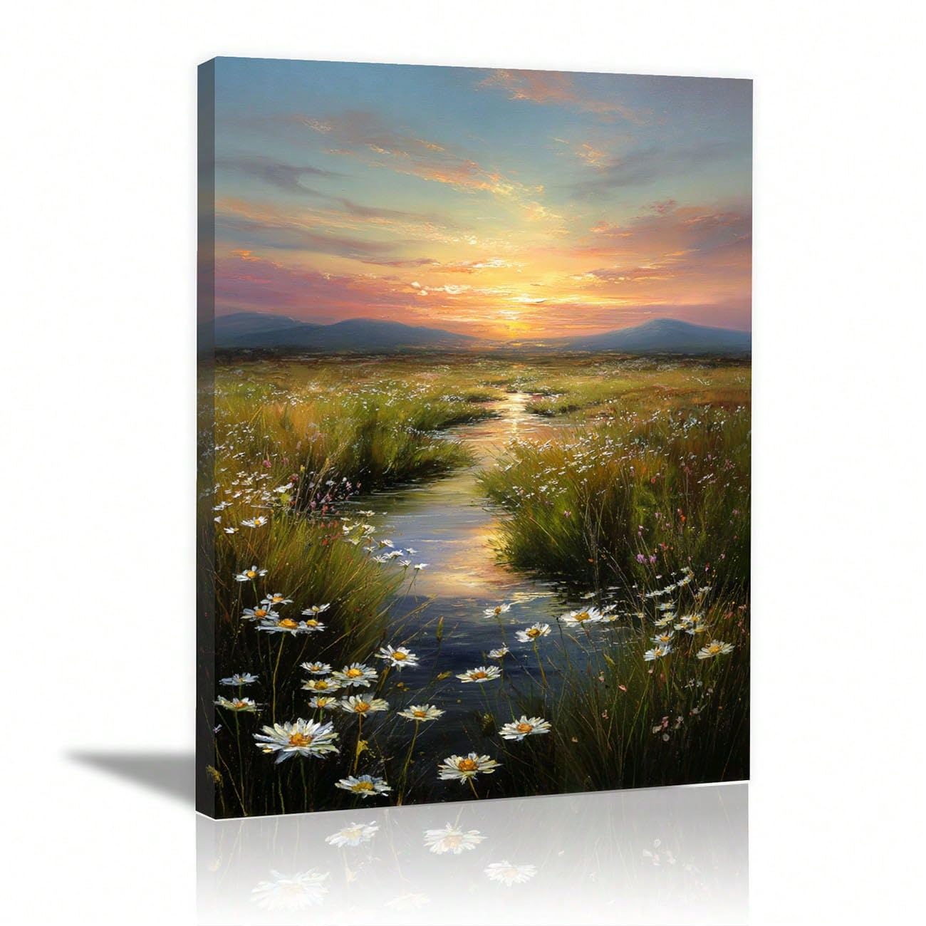juanlianfenghua 1pc Canvas Wall Art, Grassland, Stream and Sunrise Scenery Print, for Living Room, Bedroom, Bathroom, Dining Room(35x50cm/No frame)