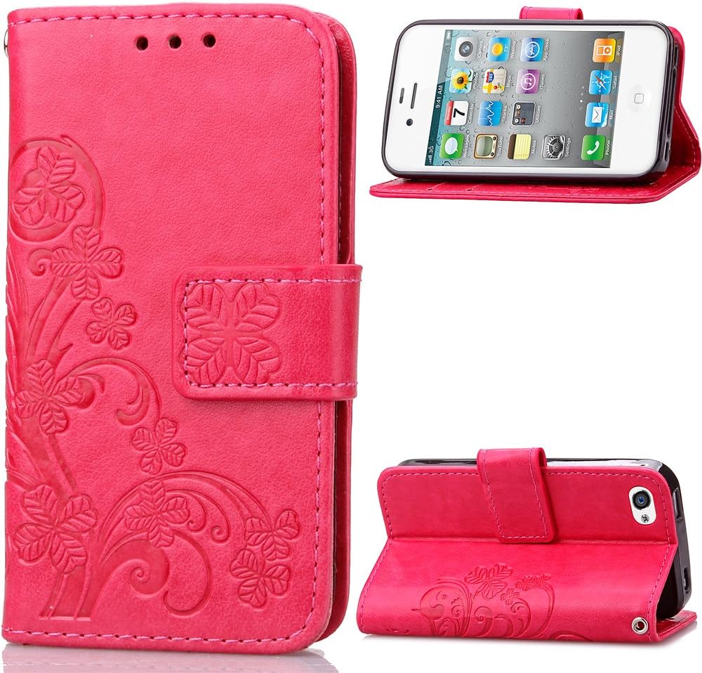 iPhone 4S Case for Girls,EMAXELERS Flip Wallet Card Holder with Magnetic Closure Bookstyle Protective Case Cover for Apple iPhone 4 / iPhone 4S,Rose Clover