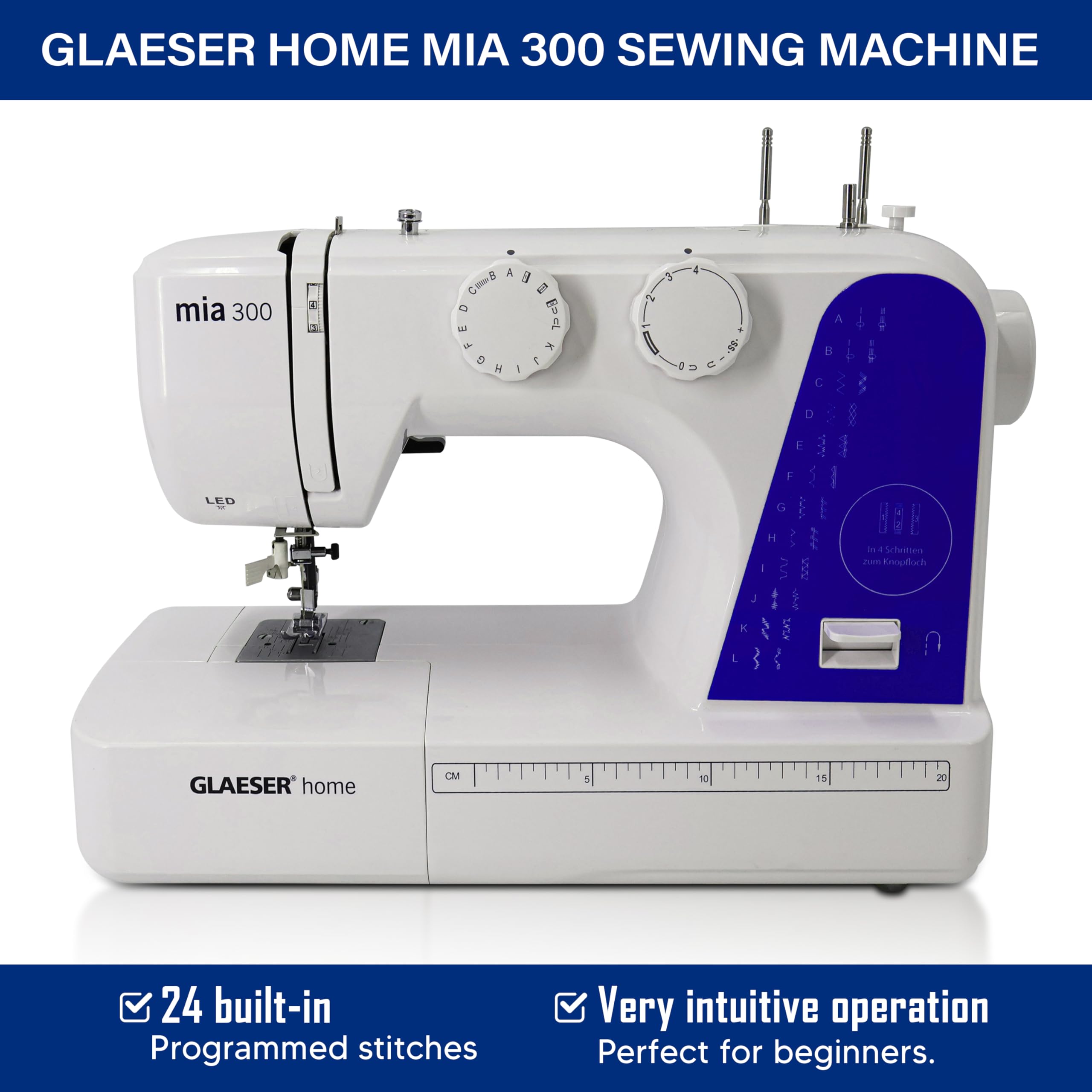 GLAESER® Home Mia 300 Nähmaschine Easy für Anfänger mit Automatischer Einfädler, 24 Stich-Varianten, Kinderleichte Bedienung
