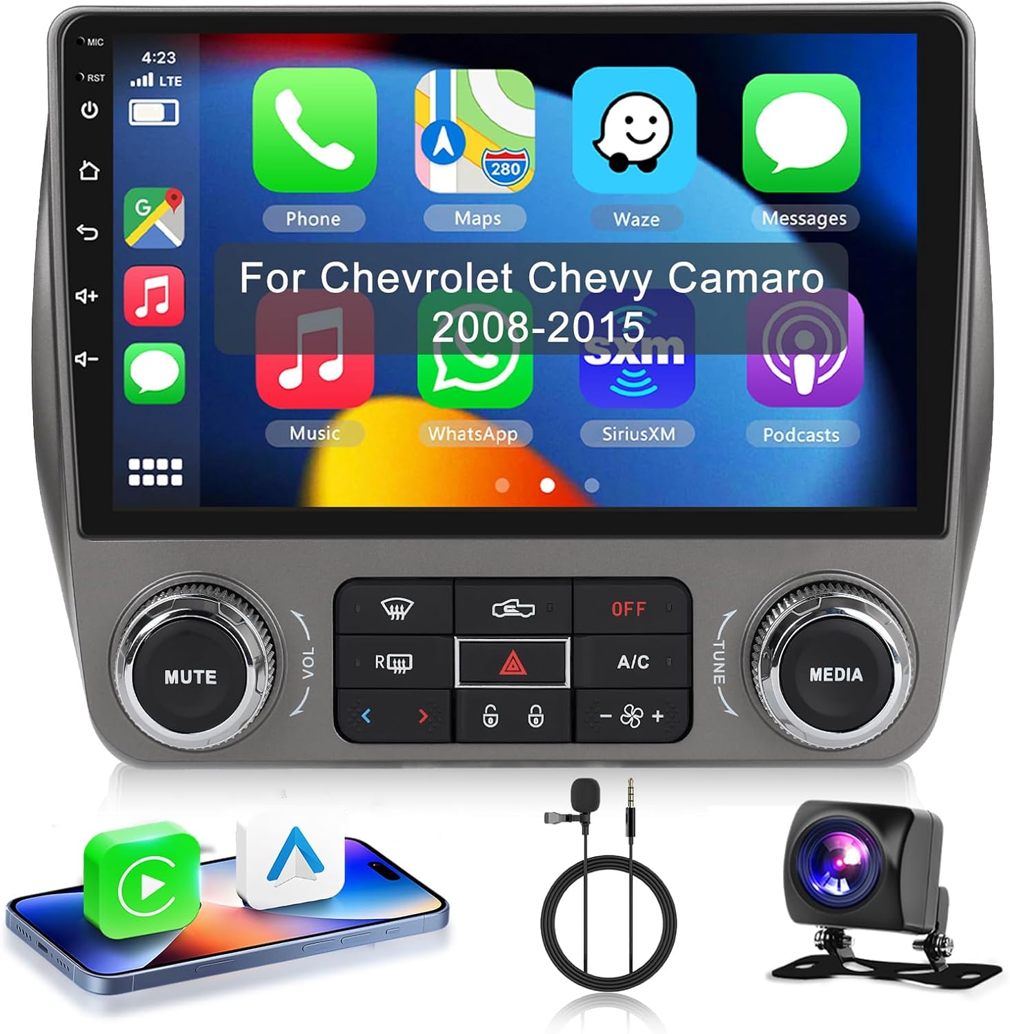 8Core4+64G Car Stereo for Chevrolet Chevy Camaro 2008-2015 Wireless CarPlay/Android Auto Android Radio with Qualcomm 9" IPS Touch Screen,BT5.1,DSP Hi-Res,GPS,SWC,Backup Camera for Camaro Radio