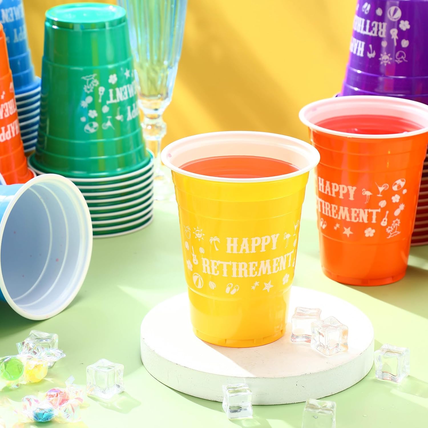 Mimorou 120 Pcs 16 oz Happy Retirement Party Plastic Cups Bulk Tropical Hawaiian Retirement Party Decorations Supplies Luau Summer Beach Pool Disposable Drinking Cups 6 Assorted Colors