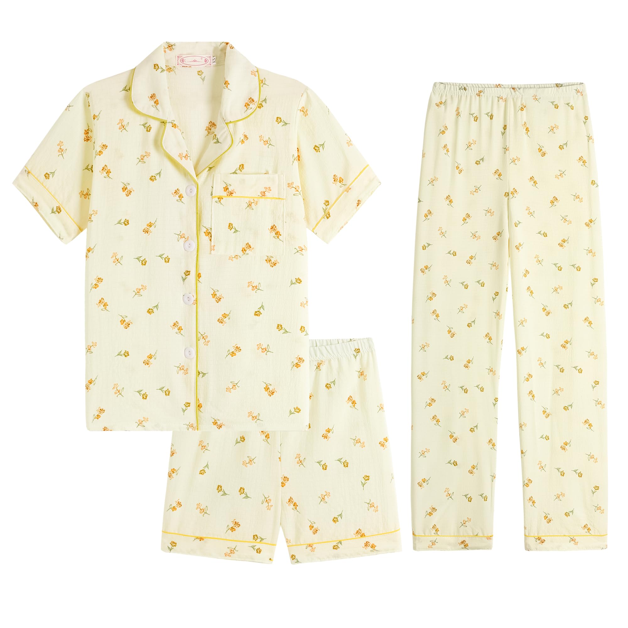 Hupohoi Big Girls Button Down Pajama Set 3pcs Crepe Fabric Sleepwear Nighty