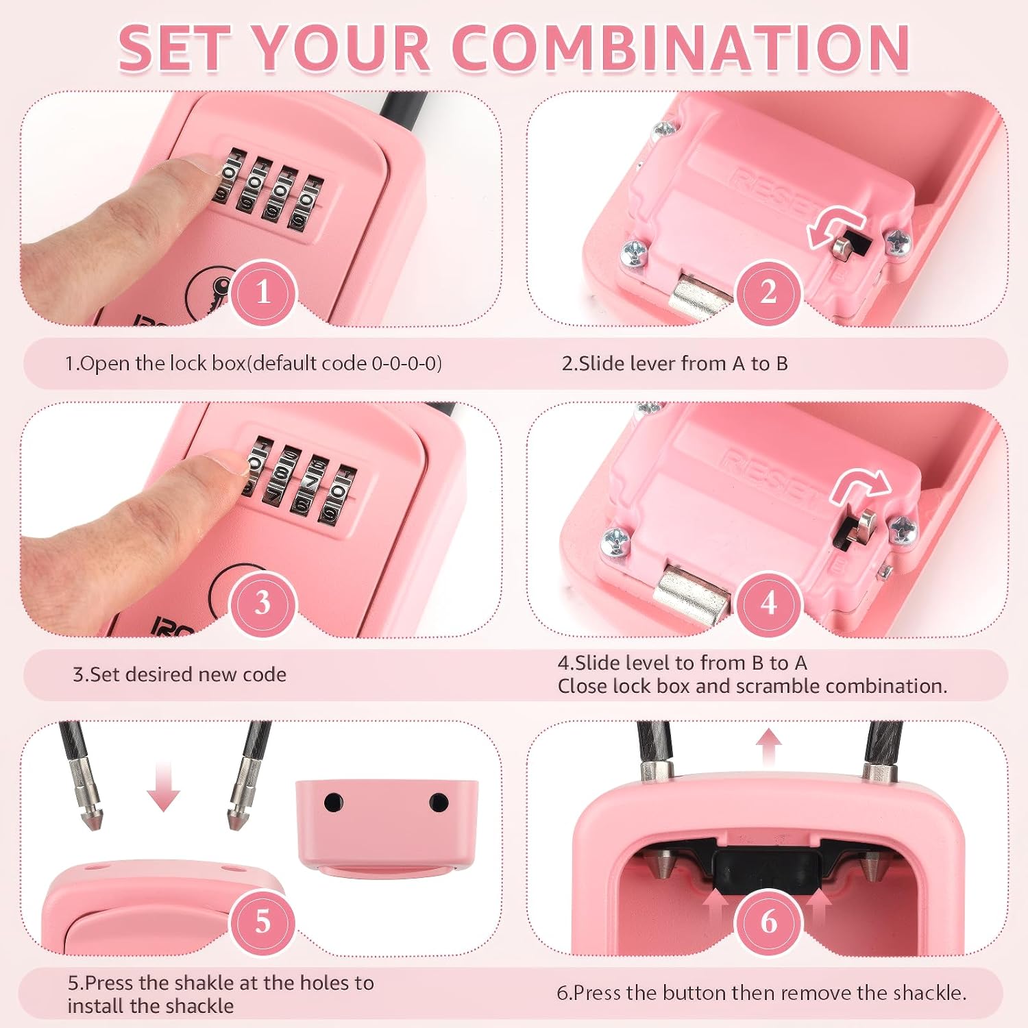 Iron Lock® Key Lock Box Portable with Cable Shackle – Small Waterproof Heavy-Duty Metal Safe with 4-Digit Combination for Spare Keys Outside on Door Knob, Fence, Pipe or Gate (Pink, Small)