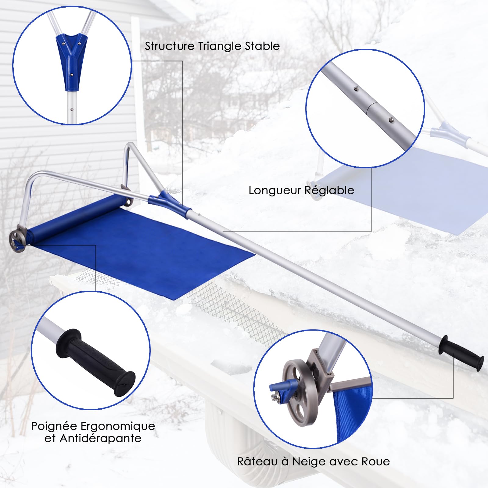 COSTWAY Râteau à Neige Télescopique pour Toit 180-661 cm, Déneigement de Toit en Aluminium avec 2 Roues Coupe Large et Poignée Antidérapants Réglable, pour Toit Véhicules Abri