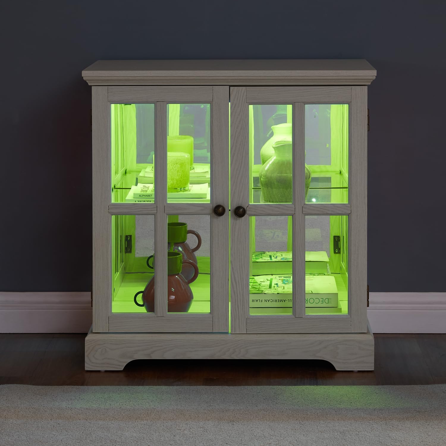 Led Curio Display Cabinet - White MDF+Glass - Adjustable Shelves - Retro Design Elegant Bookcase with Led Lighting - Home Decor