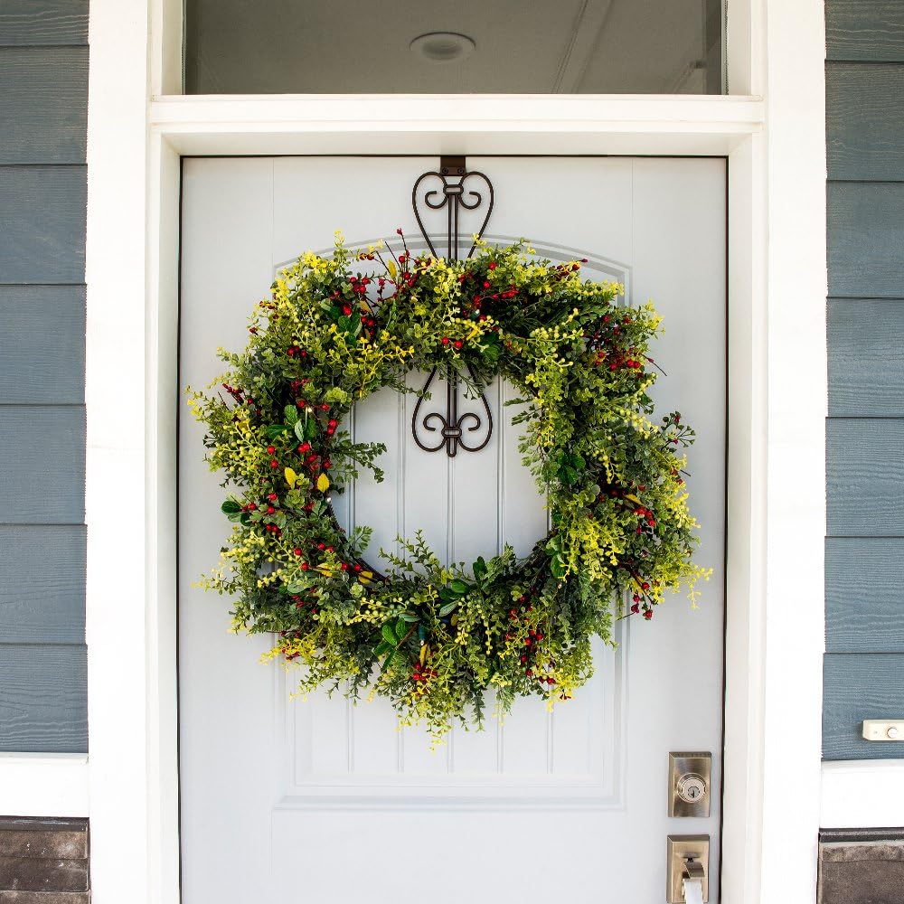 [Front Door WREATH HANGER] - Elegant Design | ADJUSTABLE Hook Length for Tall and Small Doors | PADDING to Prevent Damage like Scratch and Dents | Heavy Duty Cast Iron Metal Hangar - (Brown)