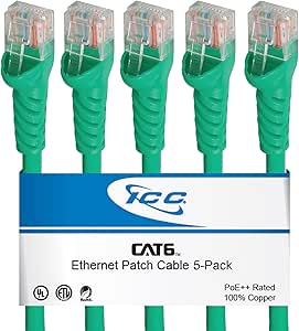ICC CAT6 Ethernet Patch Cord 10 FT 5-Pack, UTP 24 AWG, PoE++, Green
