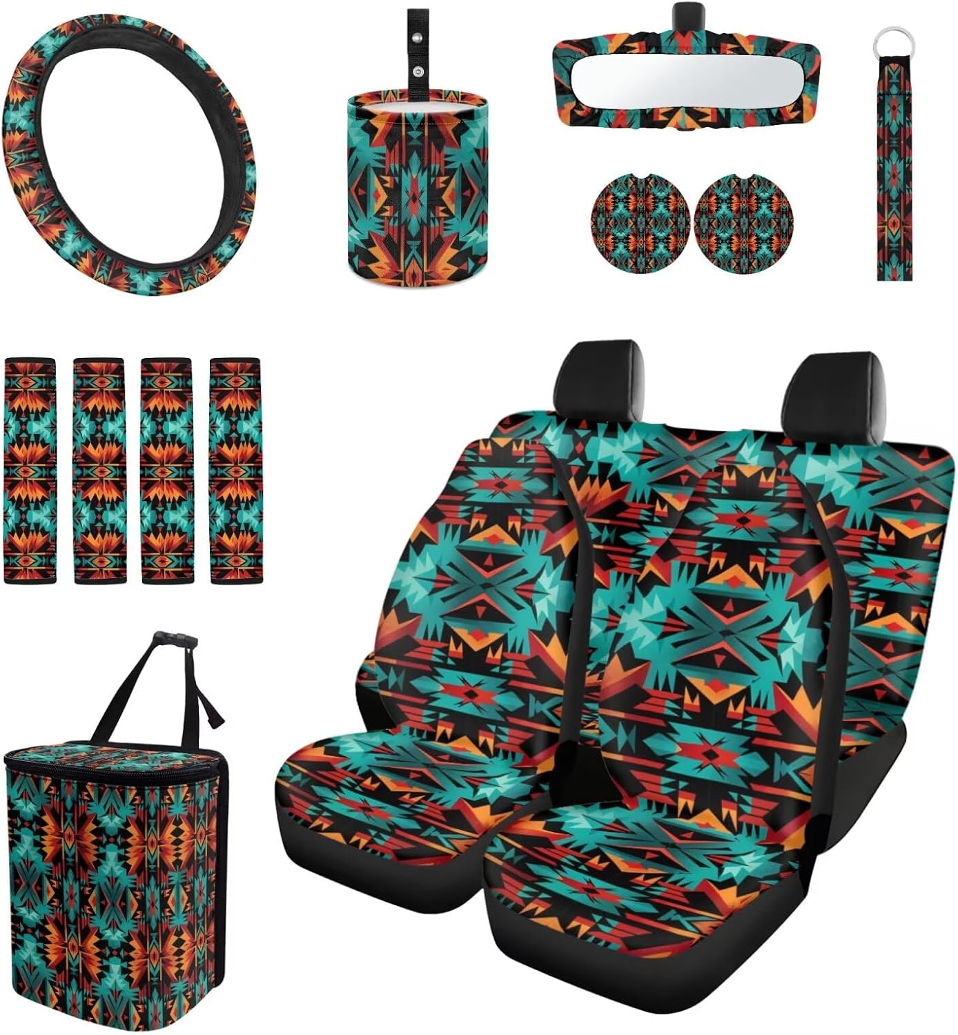 Navajo Aztec Car Seat Covers Front Rear Split Bench Full Set Steering Wheel Cover Seat Belt Pads Coasters Trash Bin Cup Holders Rearview Mirror Cover Key Ring, 15 PCS