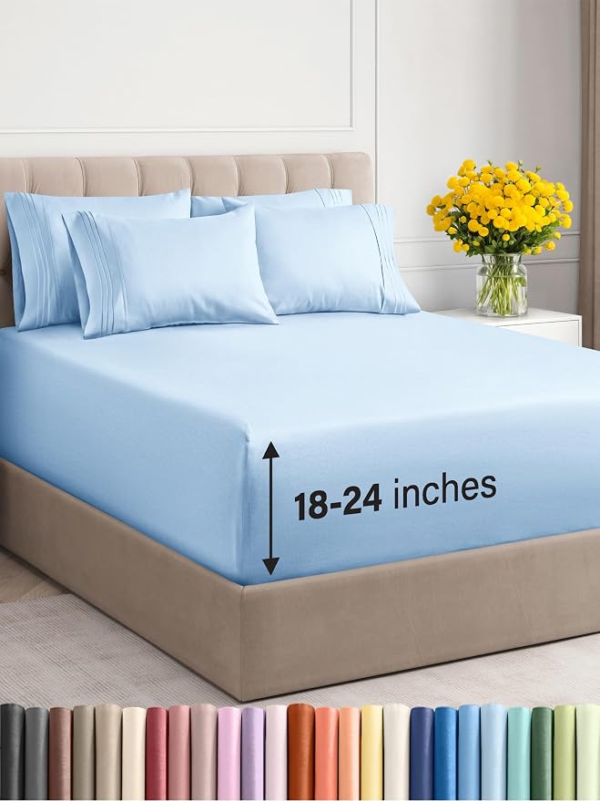 Extra Deep Queen Sheet Set - 6 Piece Breathable & Cooling Sheets - Hotel Luxury Bedding Set with 18-24 Inch Extra Deep Pockets - Easy Fit - Super Soft, Wrinkle Free and Comfy - Light Blue, Queen Size
