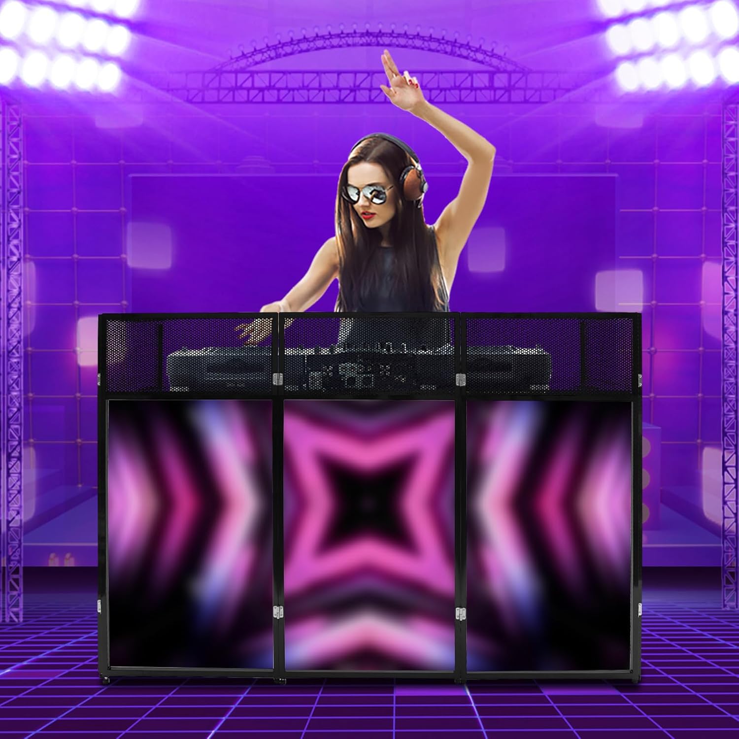 DJ Booth Stand w/Carrying Bag - Heavy Duty Foldable Facade Table (44lbs Load) Adjustable Height 23x73in | Portable & Easy Assembly for Events/Clubs/Wedding
