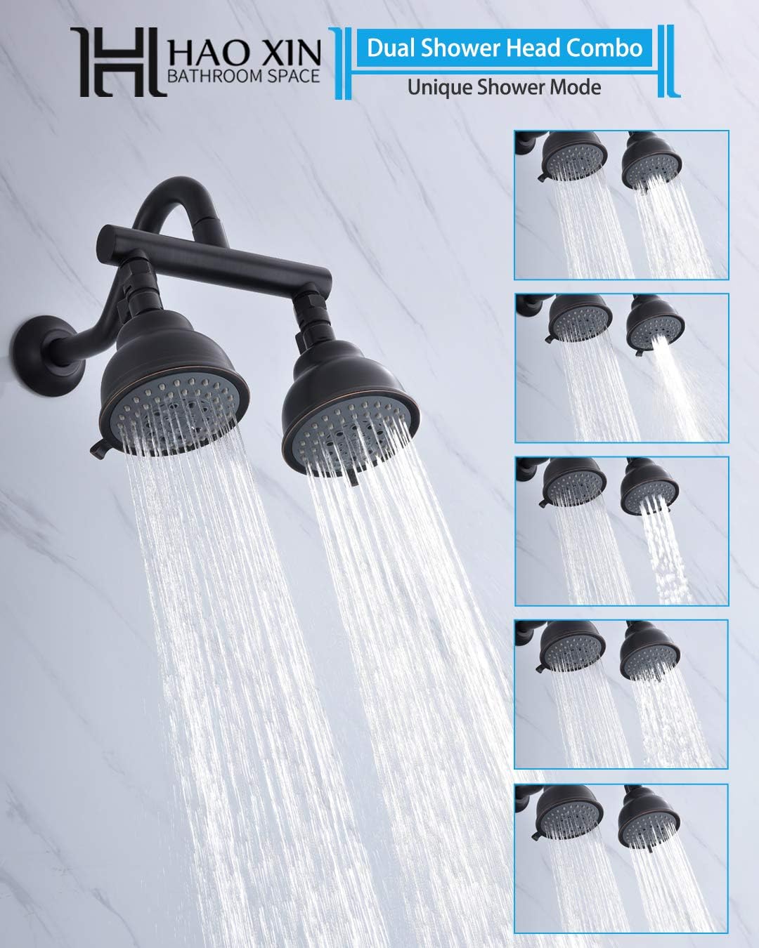 Double Shower Head with Shower Head Shut-Off Valve and Shower Arm,2 Shower Head High Pressure 5 Function Showerheads Sprayers,Oil Rubbed Bronze,STTZB01