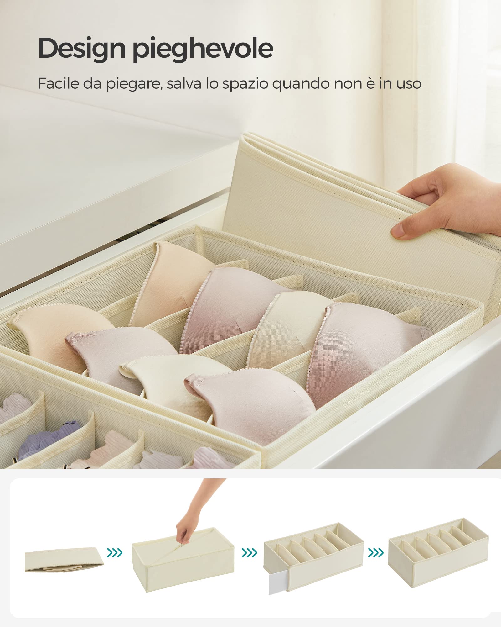 SONGMICS Set di 8 Divisori per Cassetti, Organizzatori per Biancheria Intima Pieghevole, per Reggiseni Mutande Calzini Cravatte, Scatole Portaoggetti in Tessuto per Armadio, Beige RUS008M01