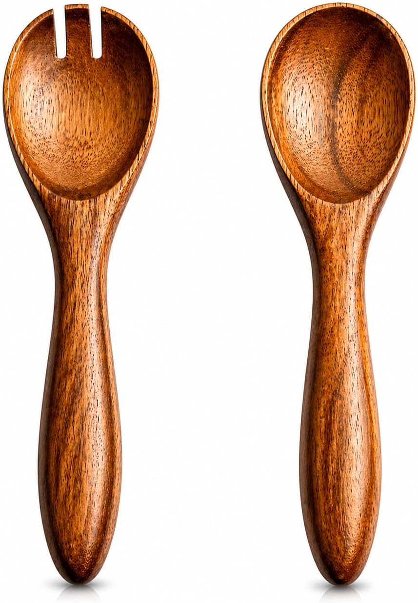 6 Inch Acacia Wood Salad Server Set Wooden Mixing Tongs Dinner Fork & Spoon Serving Utensils For Tossing Salad Handmade Cookware Salad Cooking Utensils & Accessories For Kitchen, Natural Brown