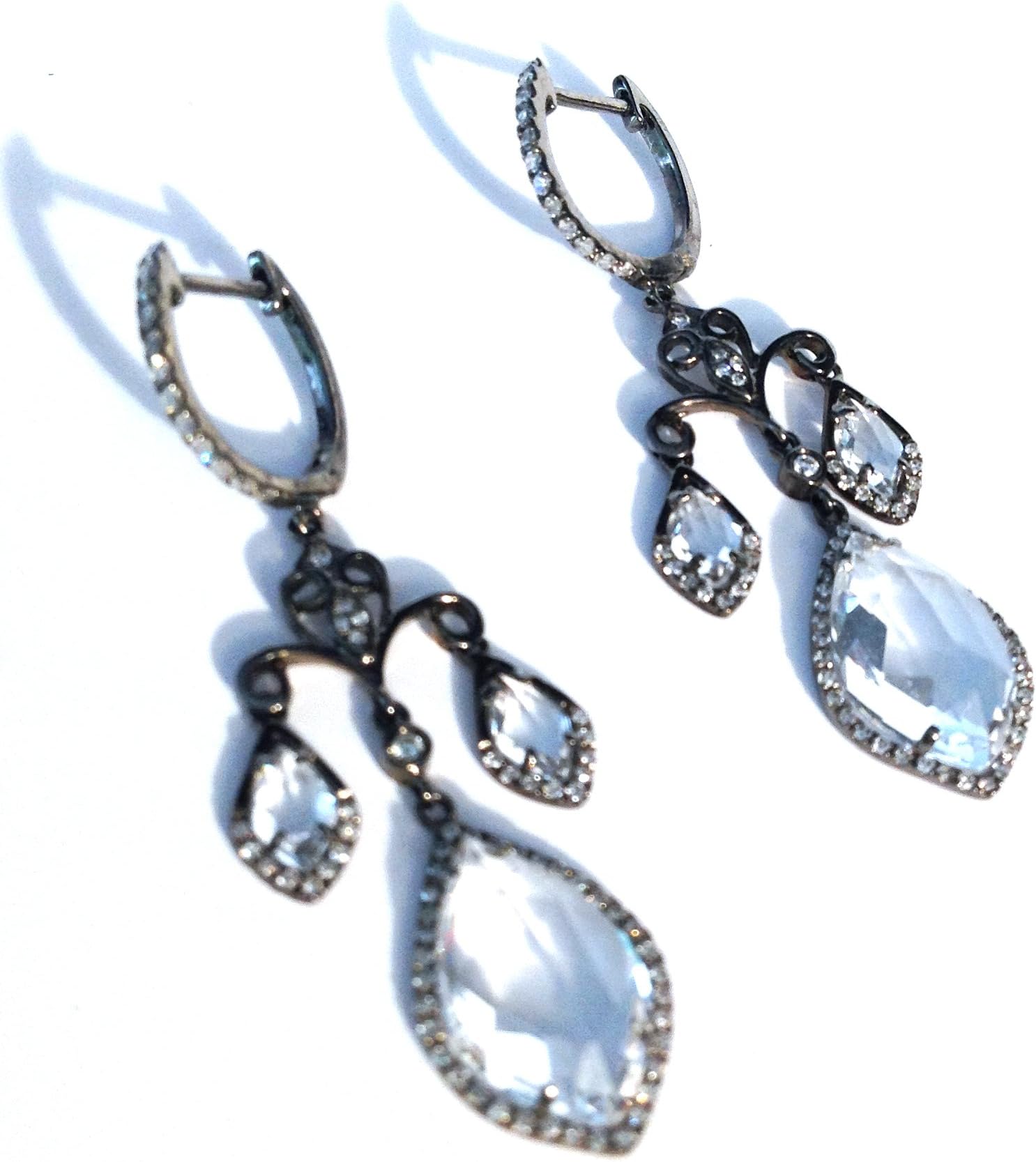 7.65 TCW White Topaz & Diamond Earrings Vintage Chandelier 14k Gold w/Rhodi