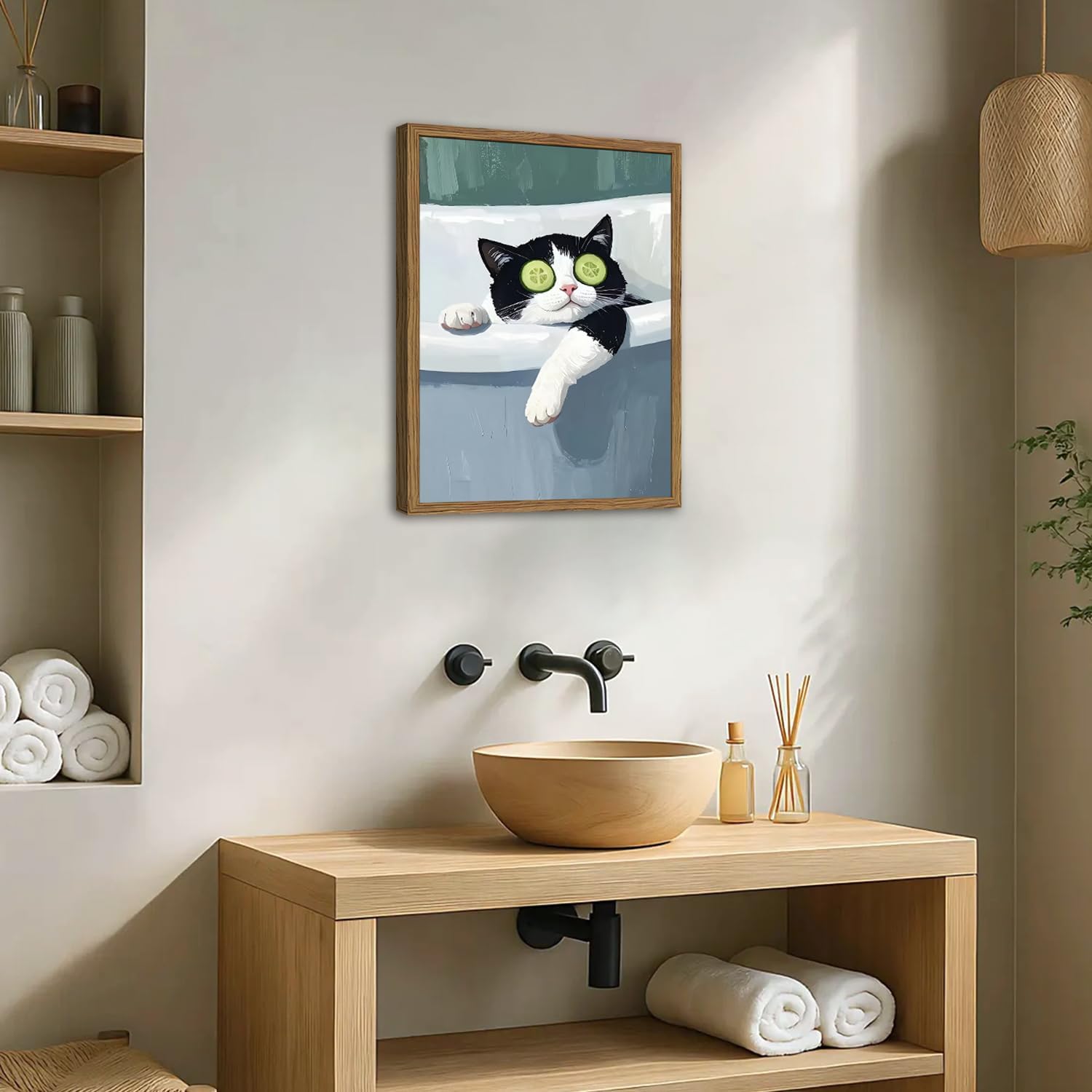 Funny Black and White Cat Bathroom Wall Art, Eclectic Tuxedo Cat in Bathtub Painting Wall Decor Cute Animal Bathroom Poster Canvas Prints Pictures 12x16 inch Wood Framed