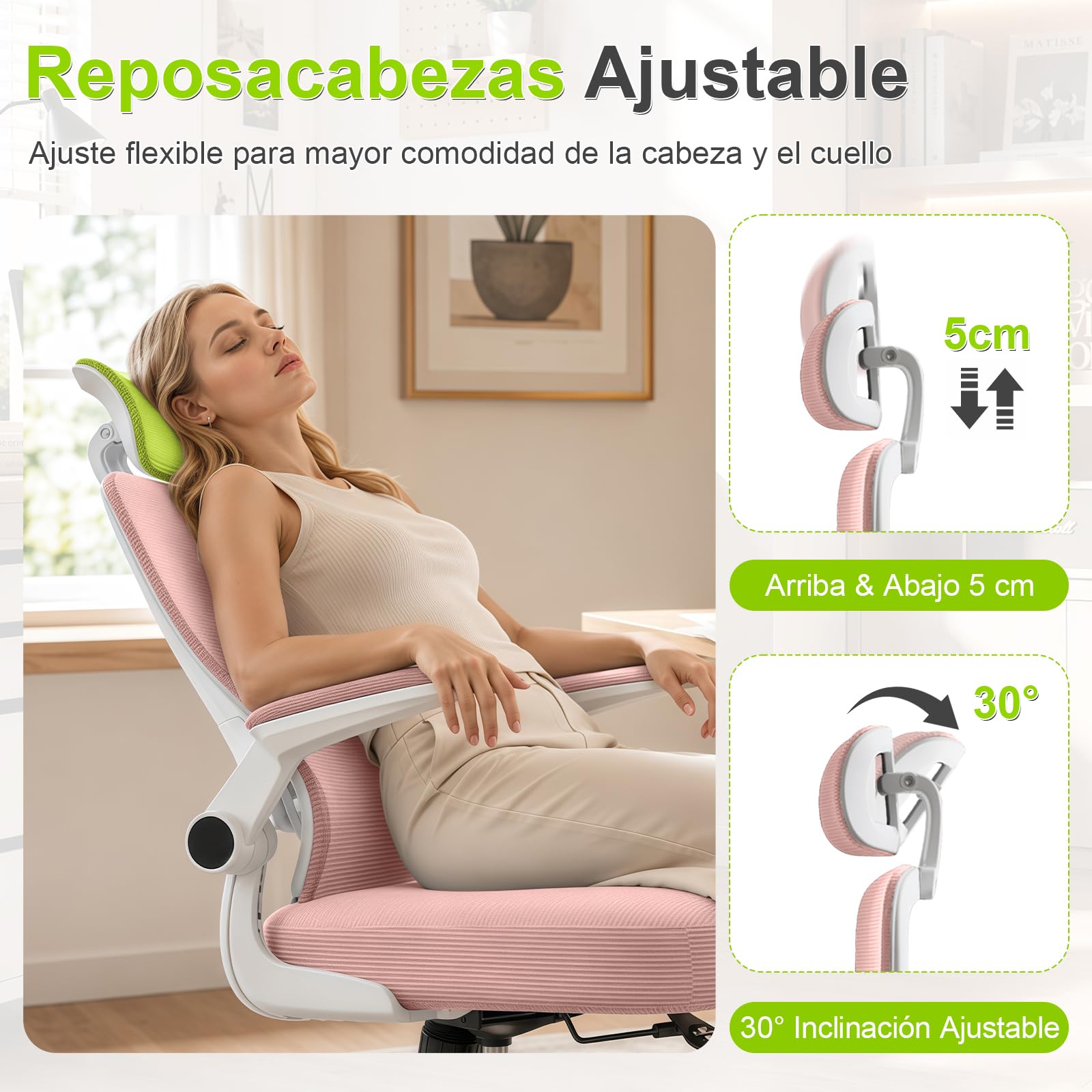 Silla de Escritorio con Ajustable Soporte Lumbar, Silla de Oficina Ergonómica con Reposabrazos Abatibles, Silla de para Ordenador para Oficina en Casa, Estudio y Juego, Rosa
