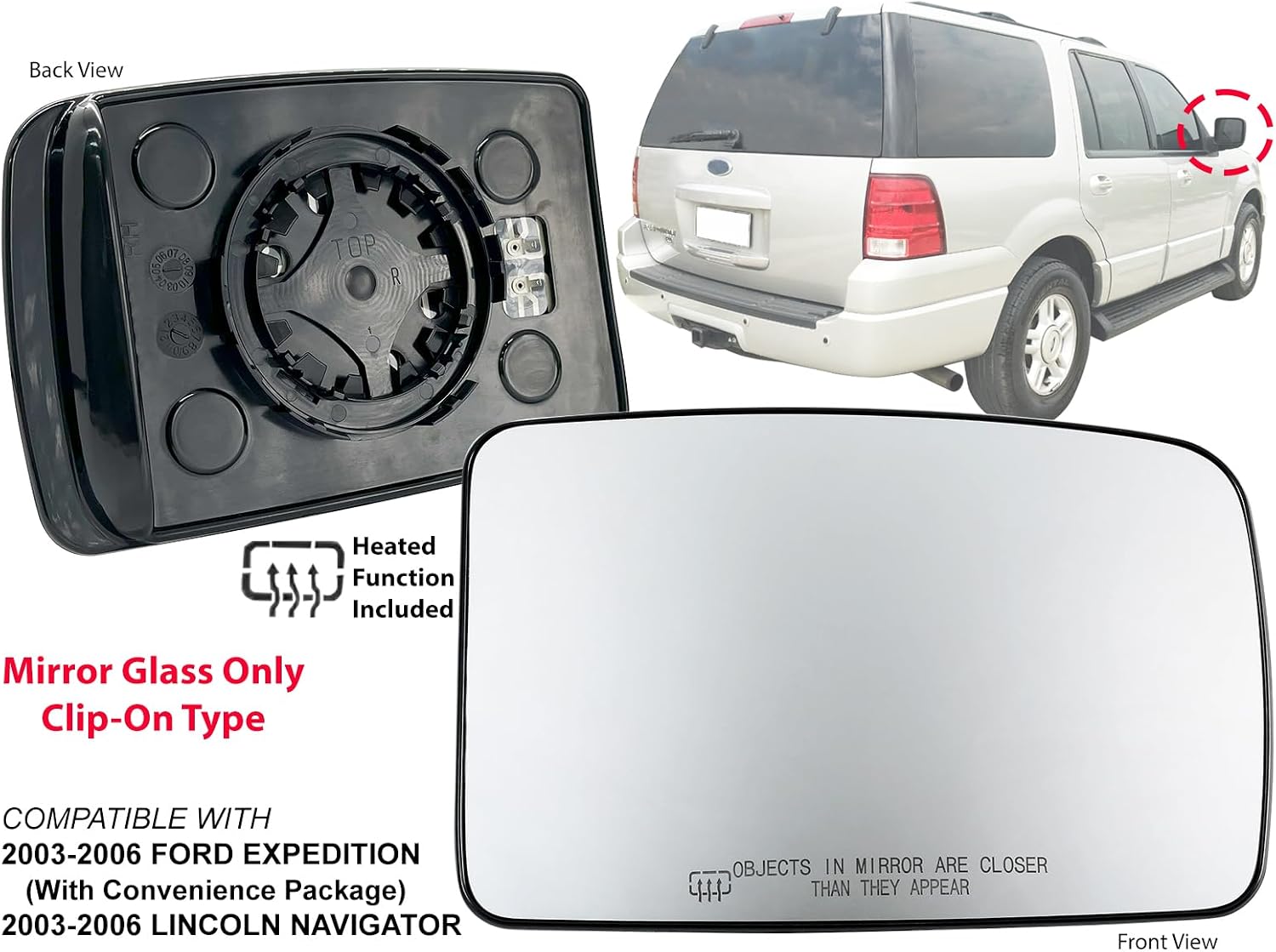 APA Replacement for Exterior Rear View Mirror Glass Power Heated 2003-2006 EXPEDITION NAVIGATOR Right Passenger Side 2L1Z17K707AB FO1325143